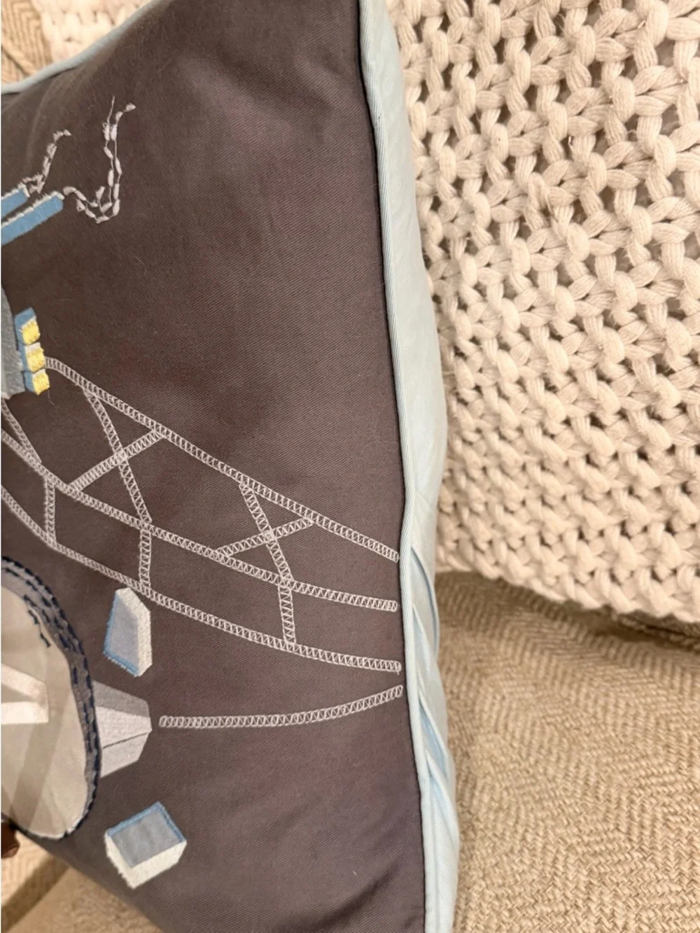 Pottery Barn Kids Construction Pillow 🔹Monogram A🔹Gray Blue Excavator